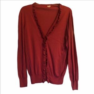 J Crew Pink Red Long Sleeve Cardigan Sweater with Ruffles